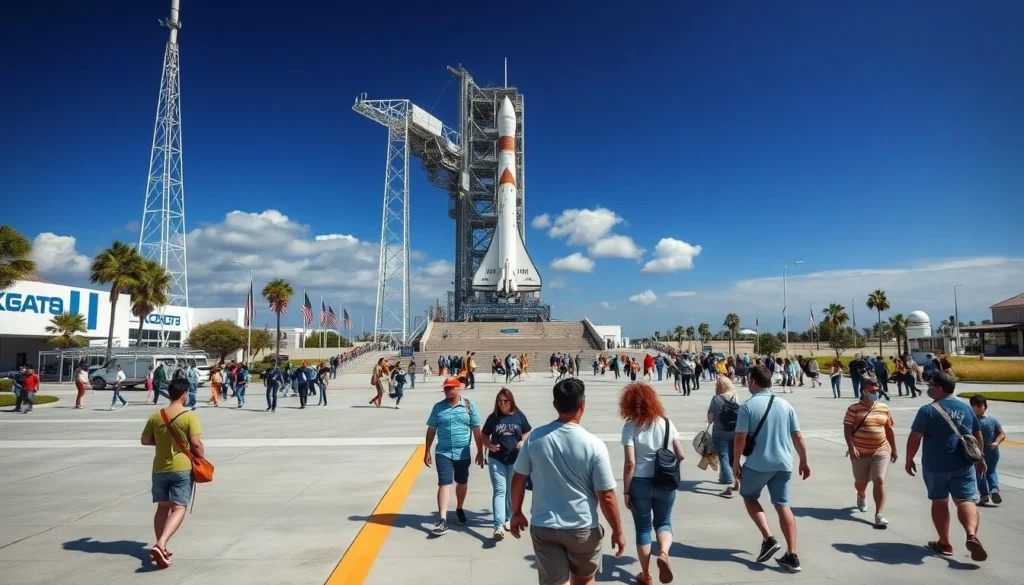 Generate an image of the Kennedy Space Center with a rocket on the launchpad and visitors walking in the foreground.