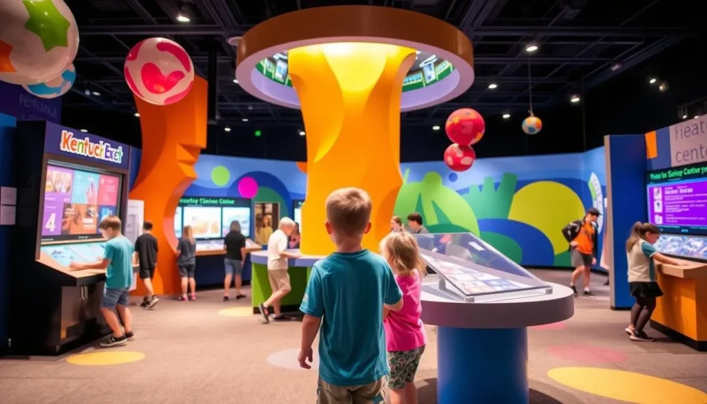 Generate an image of the Kentucky Science Center's interactive exhibit with children playing and learning.