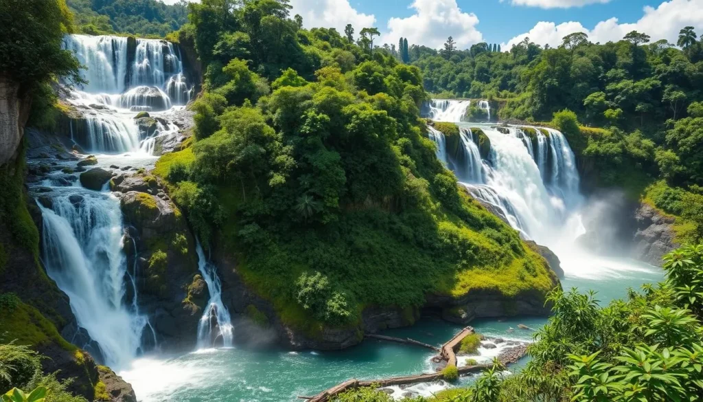 Generate an image of the Kongou Waterfalls in Gabon, showcasing its natural beauty and diverse landscapes.