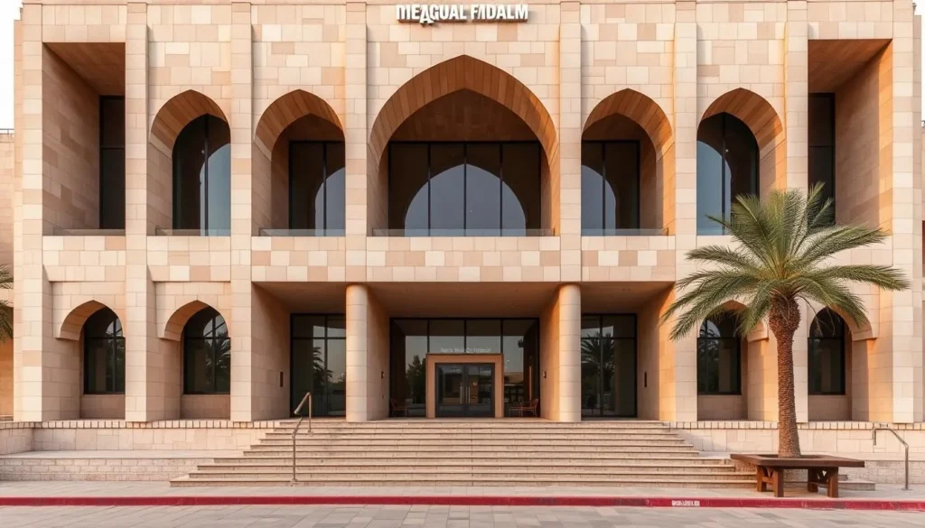 Generate an image of the Kuwait National Museum's façade, showcasing its modern architecture amidst a historic context.