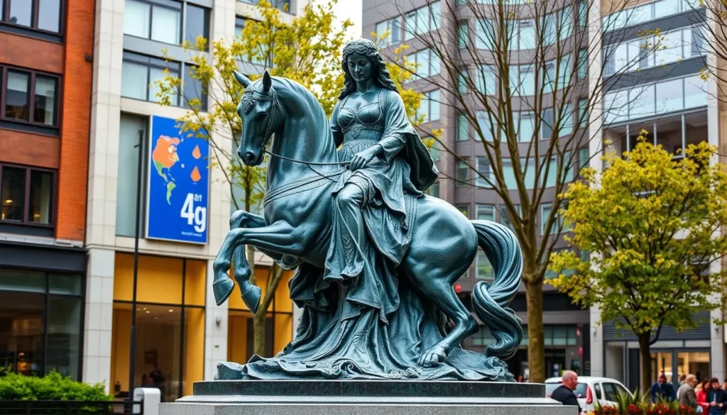 Generate an image of the Lady Godiva statue in Broadgate Square, Coventry.