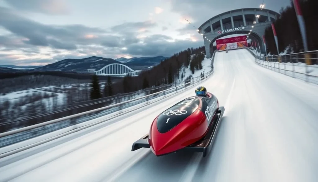 Generate an image of the Lake Placid Olympic bobsled track with a bobsled in motion.