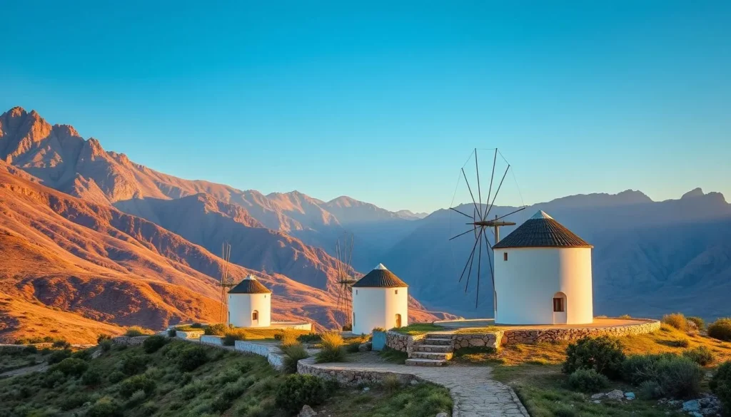 Generate an image of the Lasithi Plateau with its iconic windmills and surrounding mountains.