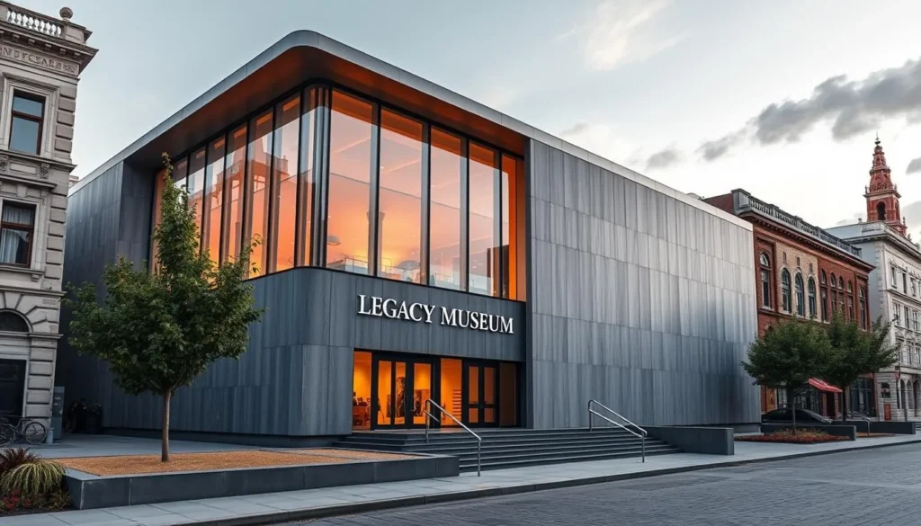 Generate an image of the Legacy Museum's exterior, showcasing its modern architecture amidst a historic setting.