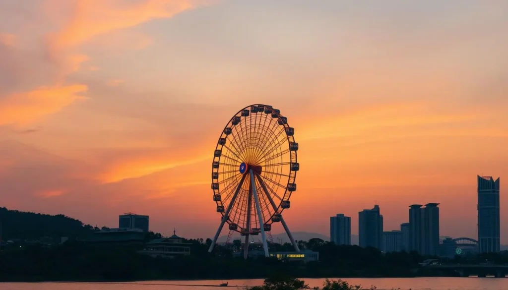 Generate an image of the Light of the Bay Area Ferris Wheel in Shenzhen at sunset.