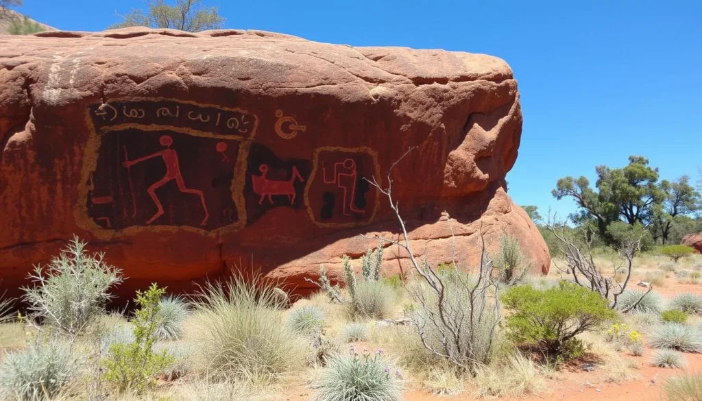 Generate an image of the Lightning Man rock art at Burrungkuy.
