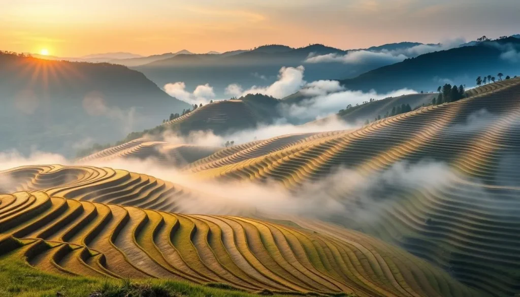 Generate an image of the Longji Rice Terraces at sunrise, with mist rolling over the terraced hills.