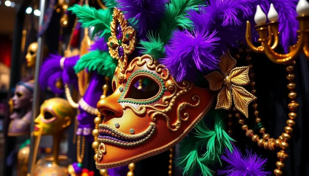 Generate an image of the Louisiana State Museum's Mardi Gras artifacts exhibit. Generate an image of the Louisiana State Museum's Mardi Gras artifacts exhibit.