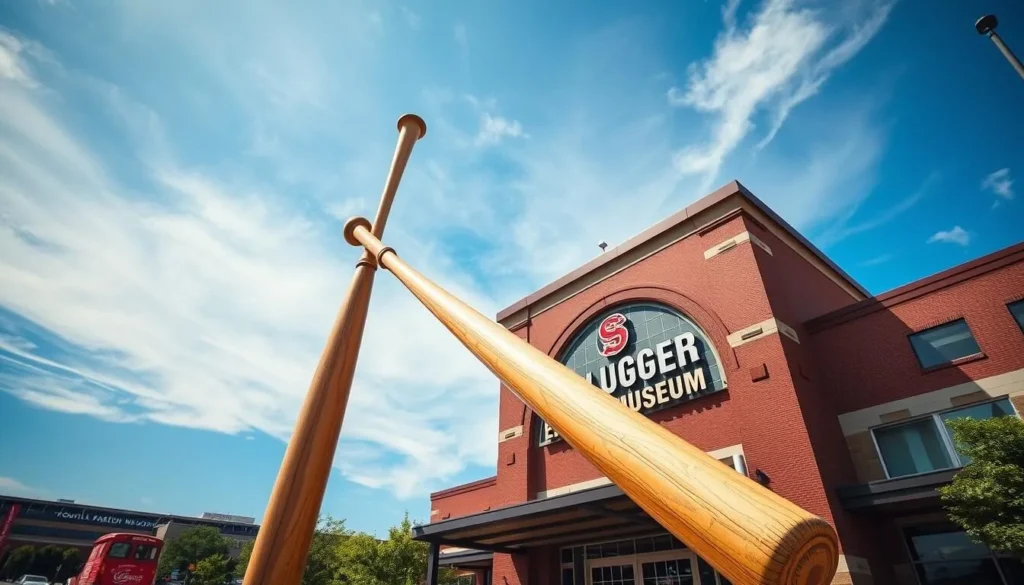 Generate an image of the Louisville Slugger Museum's iconic 120-foot-tall baseball bat leaning against the building.