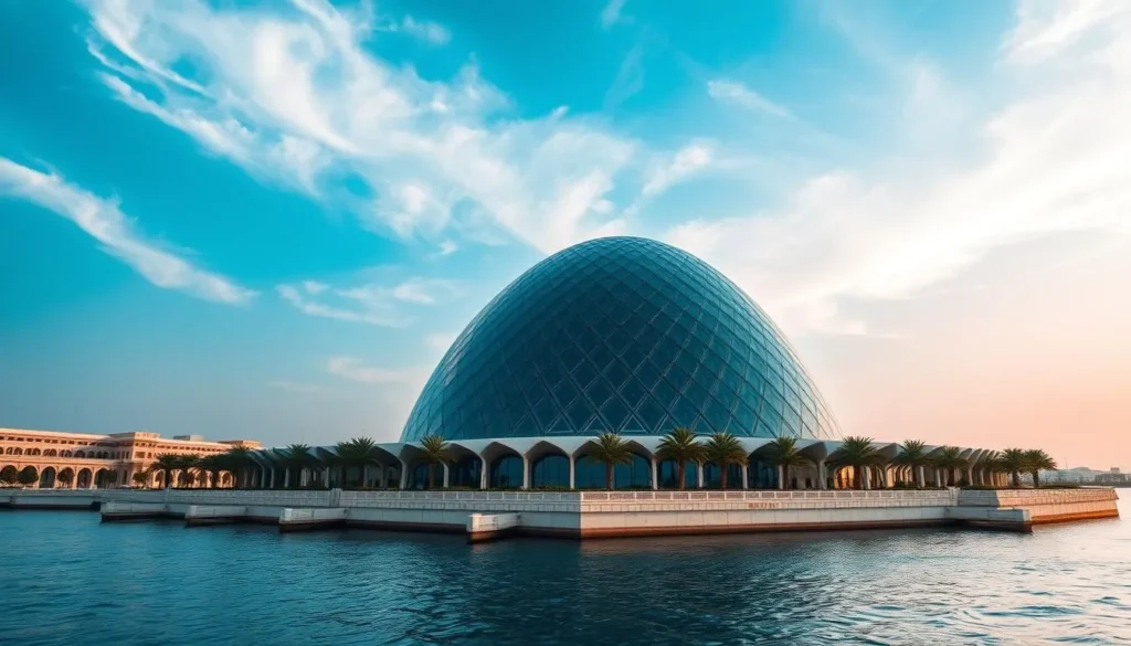 Generate an image of the Louvre Abu Dhabi's striking dome and waterfront location on Saadiyat Island.