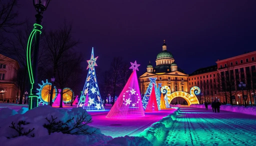 Generate an image of the Lux Helsinki Light Festival, showcasing vibrant light installations in Helsinki.