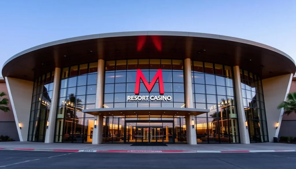 Generate an image of the M Resort Casino's modern exterior with its curvaceous design and floor-to-ceiling windows.