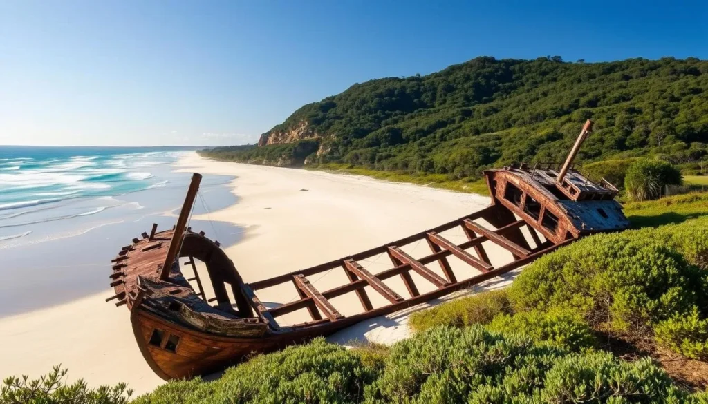 Generate an image of the Maheno Shipwreck on Fraser Island's 75 Mile Beach