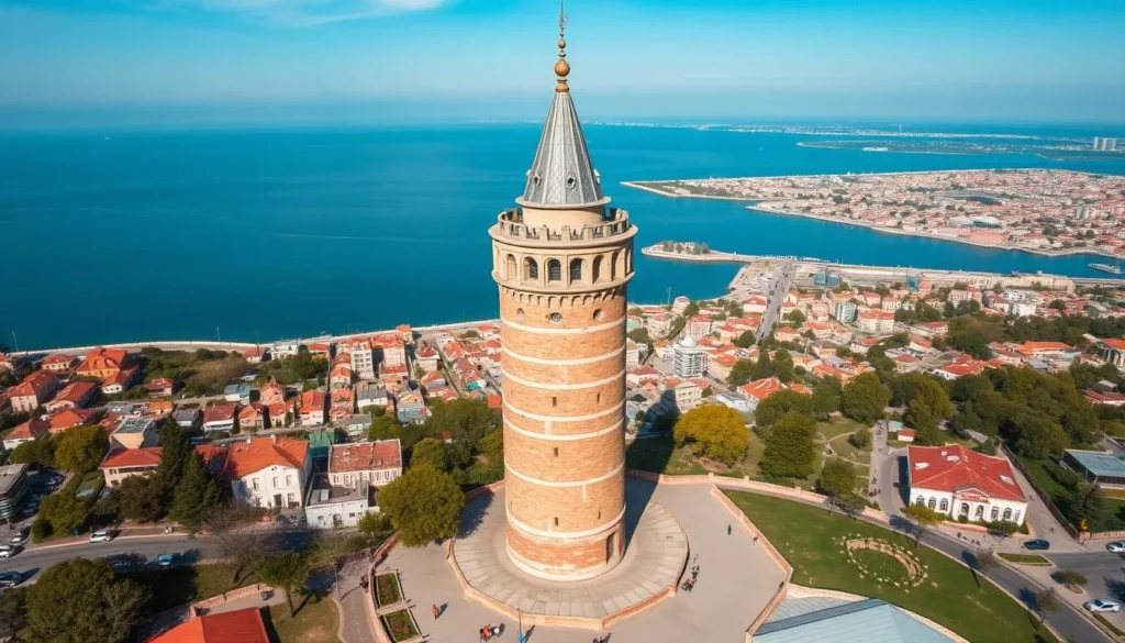 Generate an image of the Maiden Tower in Baku, Azerbaijan, with its distinctive cylindrical shape and panoramic views of the Caspian Sea.