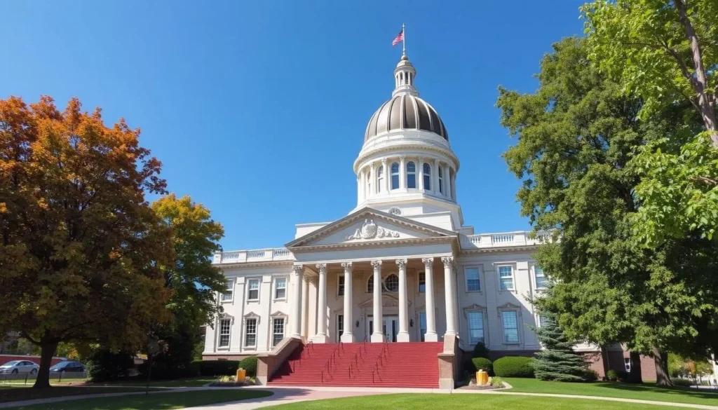 Generate an image of the Maine State Capitol Building's exterior, highlighting its architectural style and surroundings.