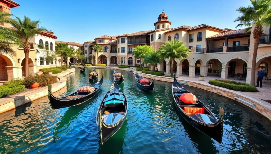 Generate an image of the Mandalay Canals in Irving, Texas, with gondolas and Mediterranean architecture.