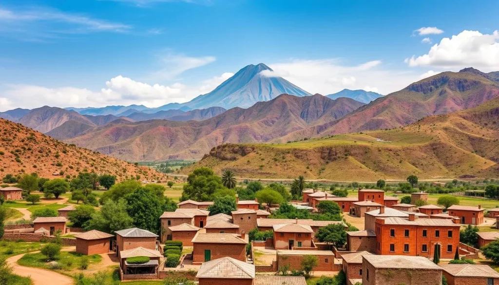 Generate an image of the Mandara Mountains, showing Mount Oupay and traditional villages.