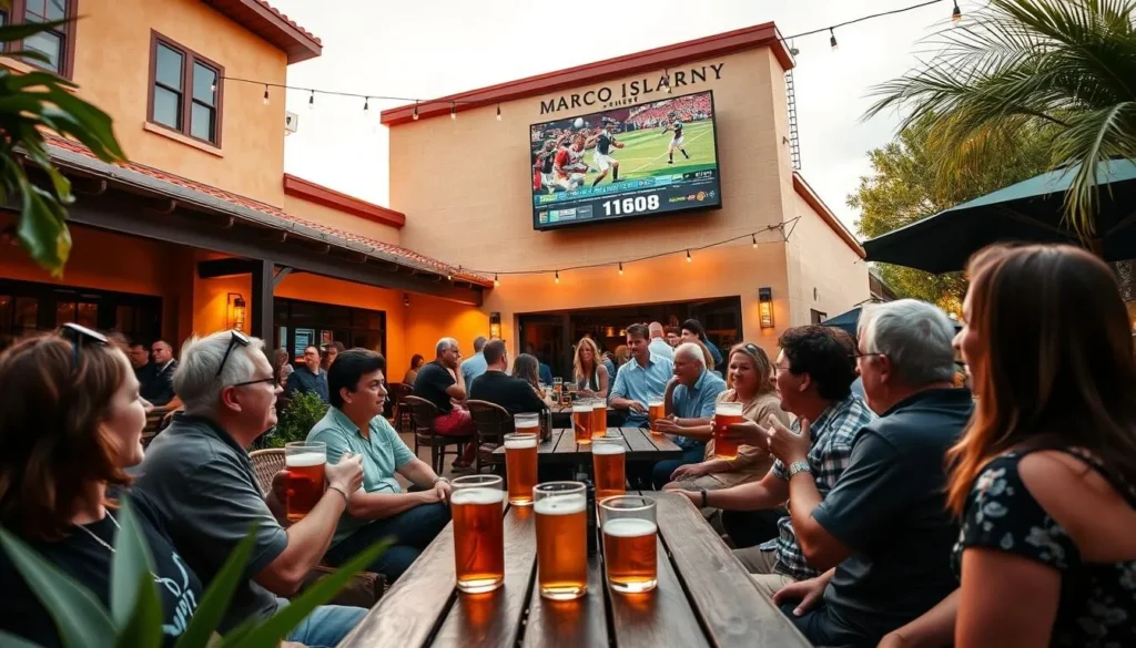 Generate an image of the Marco Island Brewery's outdoor seating area with people enjoying beers and watching a game on TV.