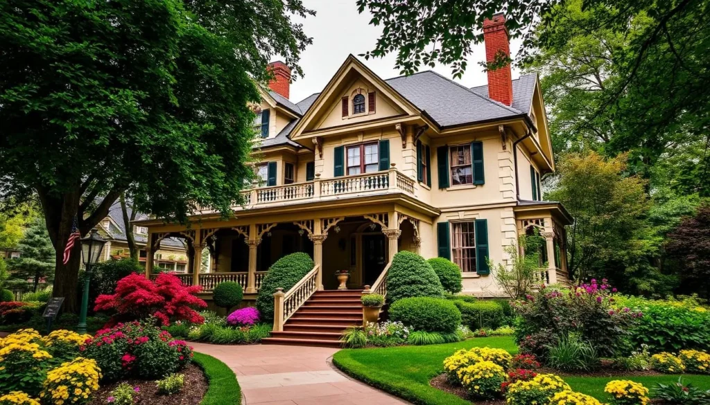 Generate an image of the Mark Twain House in Hartford, showcasing its stunning architecture and beautifully manicured gardens.