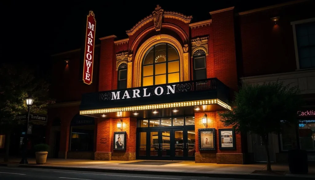 Generate an image of the Marlowe Theatre's exterior at night, lit up and inviting.