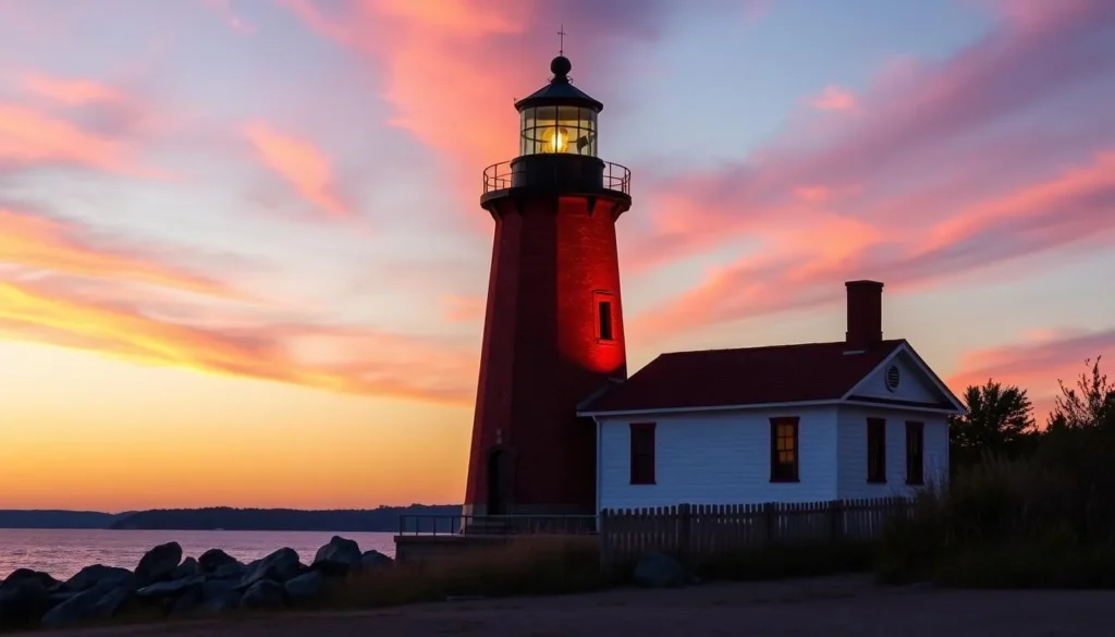 Generate an image of the Marquette Harbor Lighthouse at sunset.