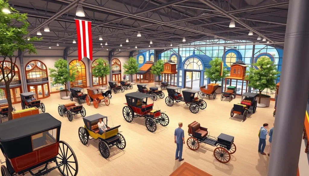 Generate an image of the Marvel Carriage Museum, featuring its impressive collection of historic carriages.