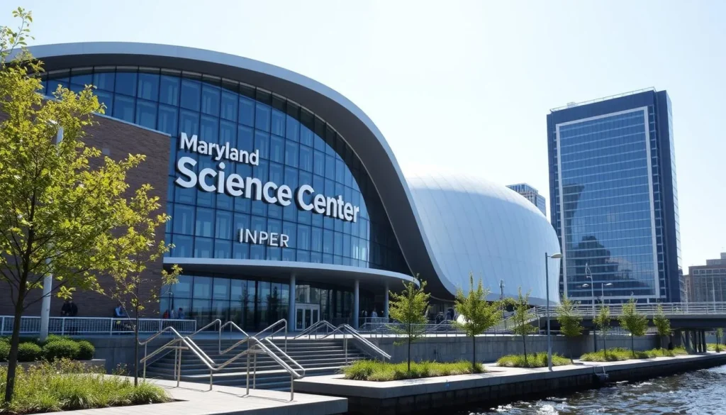 Generate an image of the Maryland Science Center's exterior at Baltimore's Inner Harbor