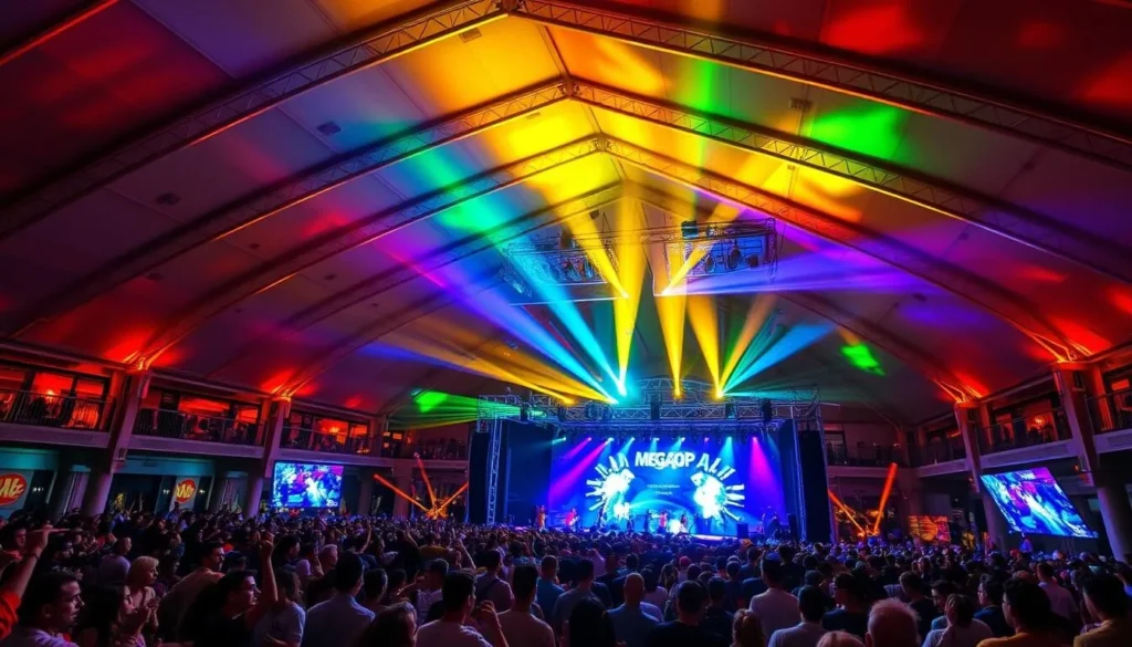 Generate an image of the MegaCorp Pavilion during a live concert, highlighting its indoor/outdoor setting.