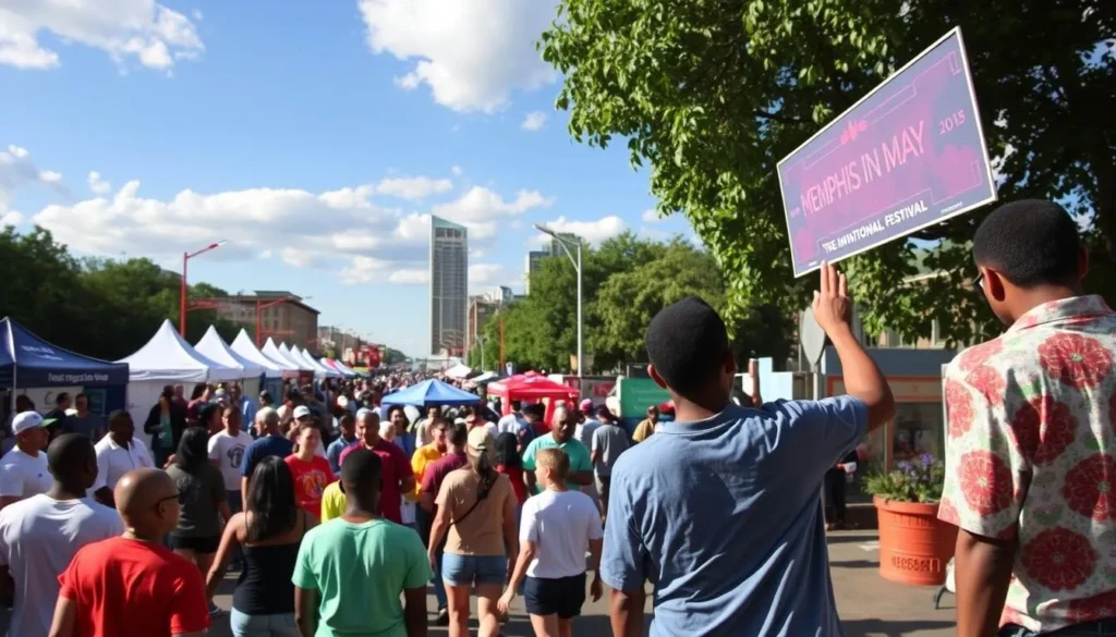 Generate an image of the Memphis in May International Festival, showcasing the city's vibrant atmosphere and cultural events.