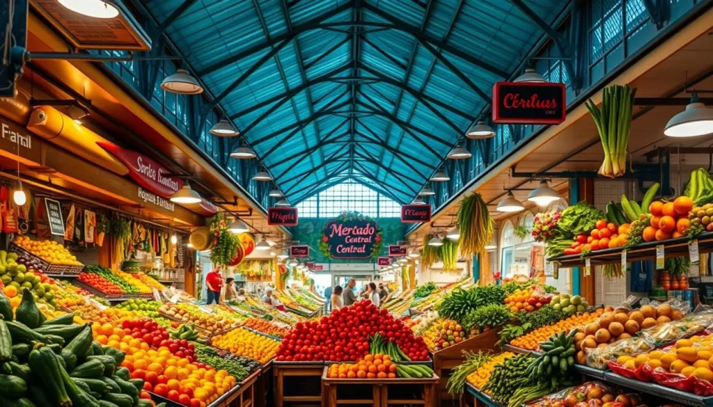 Generate an image of the Mercado Central's interior, showcasing vibrant stalls and fresh produce.