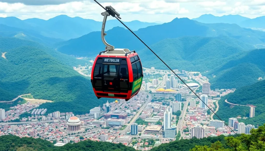 Generate an image of the Metrocable cable car system in Medellin, Colombia, with a stunning view of the city below.