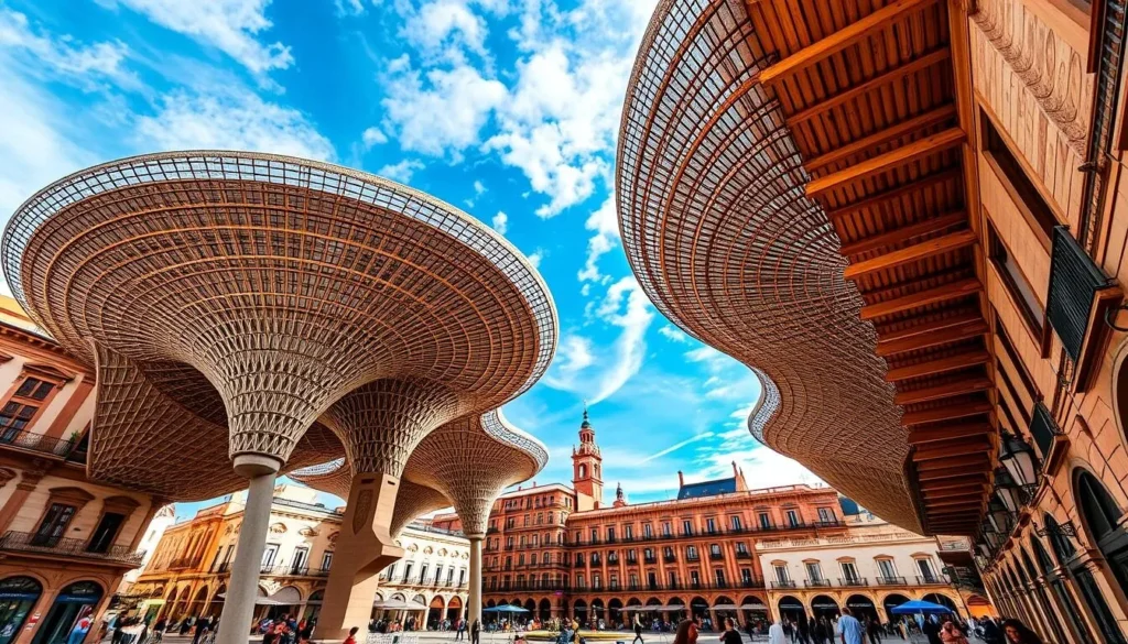 Generate an image of the Metropol Parasol in Seville, Spain, showcasing its unique wooden structure and surrounding historic buildings.