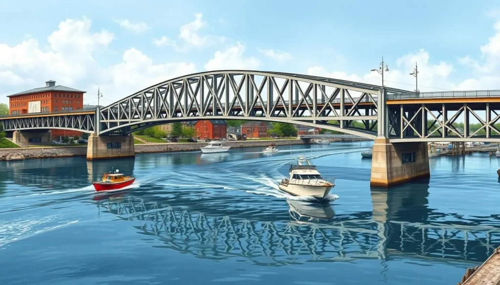Generate an image of the Michigan Street Bridge in Sturgeon Bay, Wisconsin, with boats passing underneath.