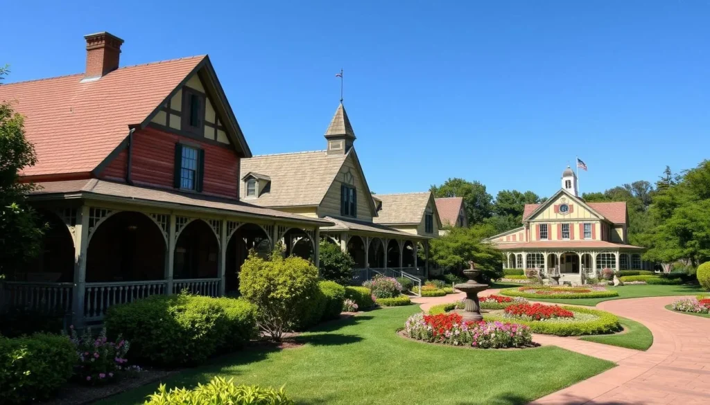 Generate an image of the Midway Village Museum's historic buildings and gardens.