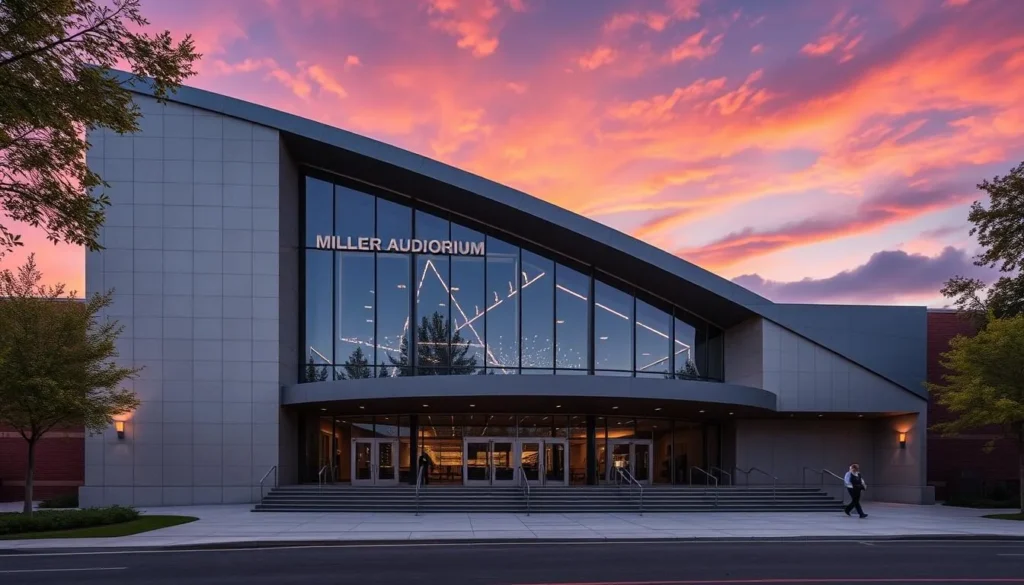 Generate an image of the Miller Auditorium's modern exterior, highlighting its status as a premier performance venue.
