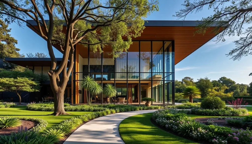 Generate an image of the Miller House and Garden's modernist architecture and beautifully landscaped gardens.