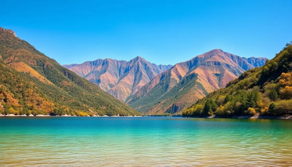 Generate an image of the Mingshui Reservoir surrounded by lush mountains and crystal-clear waters.