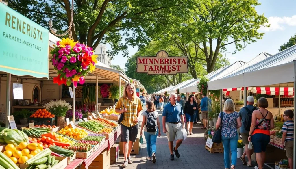 Generate an image of the Minnetrista Farmers Market on a Saturday morning.