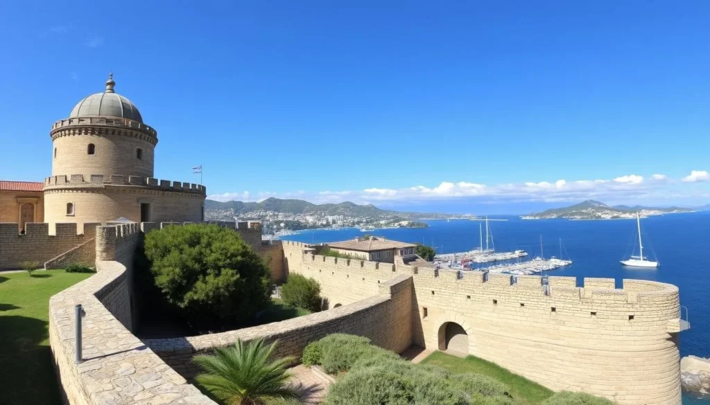 Generate an image of the Miollis Citadel in Ajaccio, France, showcasing its historic stone walls and strategic position overlooking the harbor.