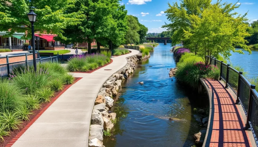 Generate an image of the Mispillion Riverwalk in downtown Milford, showcasing its scenic views and walking paths.