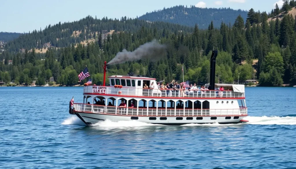 Generate an image of the Miss Liberty Paddlewheel Tour Boat cruising on Big Bear Lake with a scenic backdrop.