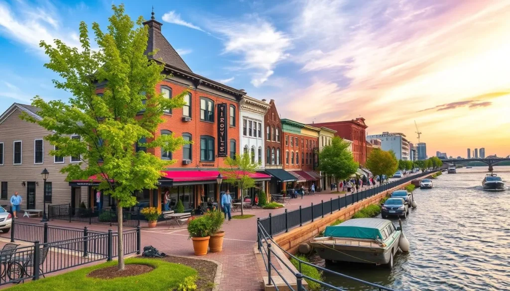 Generate an image of the Mississippi Riverwalk in Dubuque, showcasing its scenic views and historic downtown area.