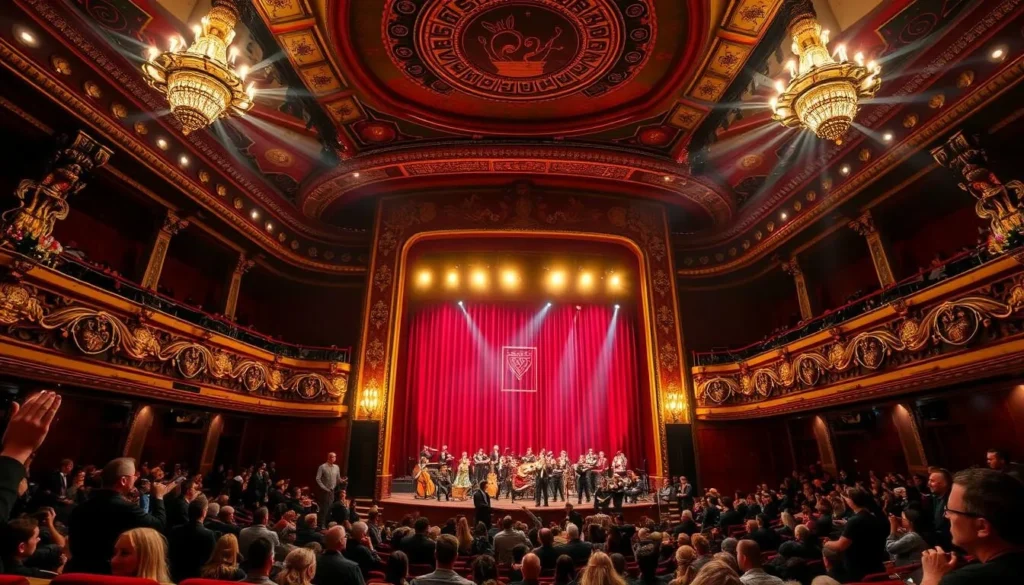 Generate an image of the Missouri Theatre's ornate interior during a performance.