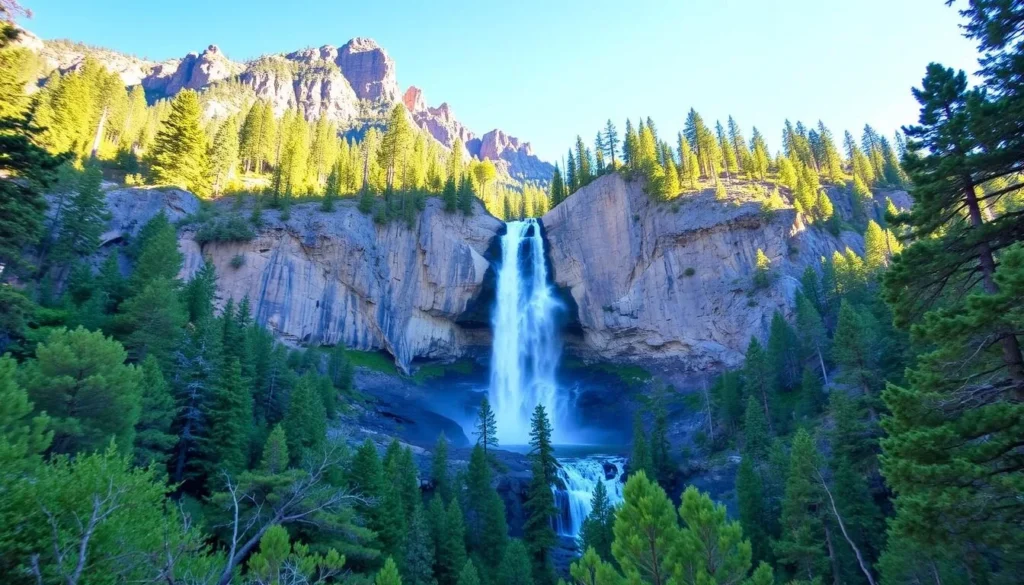 Generate an image of the Mist Falls Trail in Kings Canyon National Park, showcasing the waterfall and the surrounding landscape.