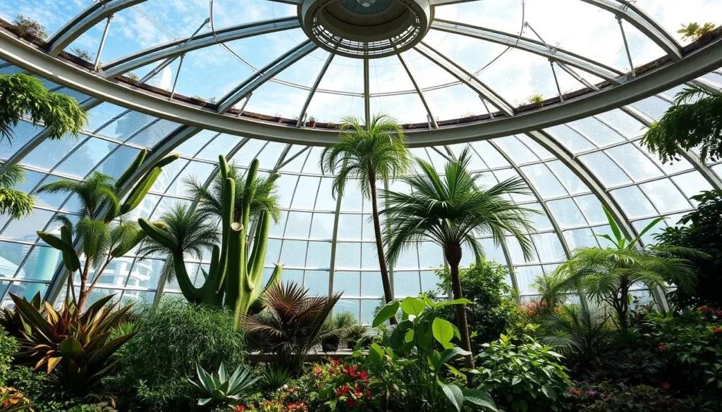Generate an image of the Mitchell Park Domes, showcasing its three distinct climate-controlled environments