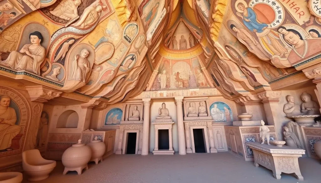 Generate an image of the Mogao Caves, showcasing its intricate murals and statues.
