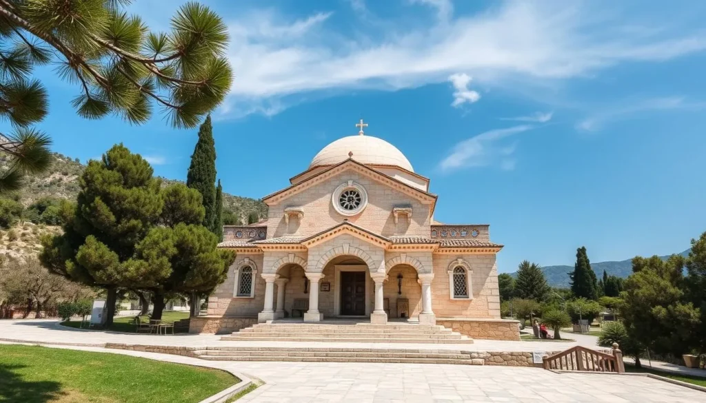 Generate an image of the Monastery of Agios Nektarios on Aegina Island, showcasing its beautiful architecture and serene surroundings.