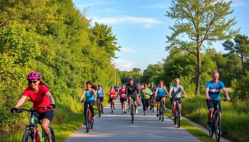Generate an image of the Monon Rail Trail with cyclists and runners enjoying the path.