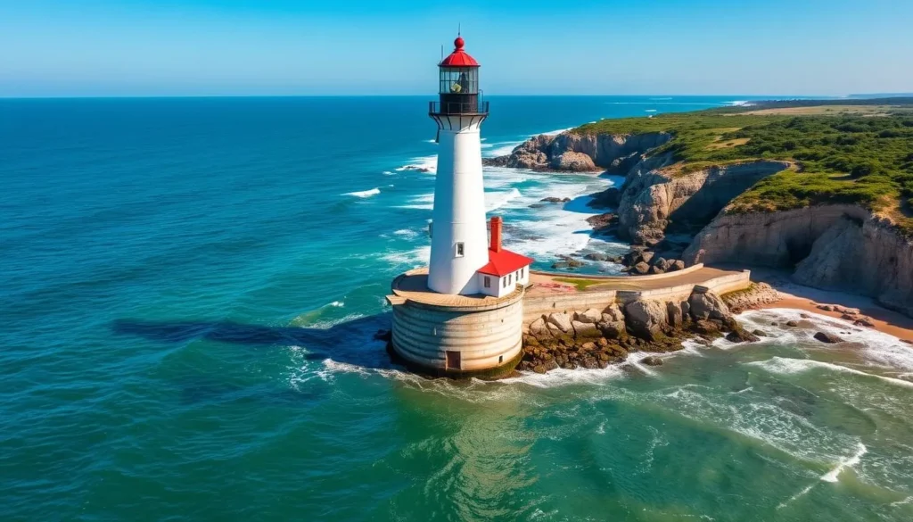 Generate an image of the Montauk Point Lighthouse with a scenic coastal background.