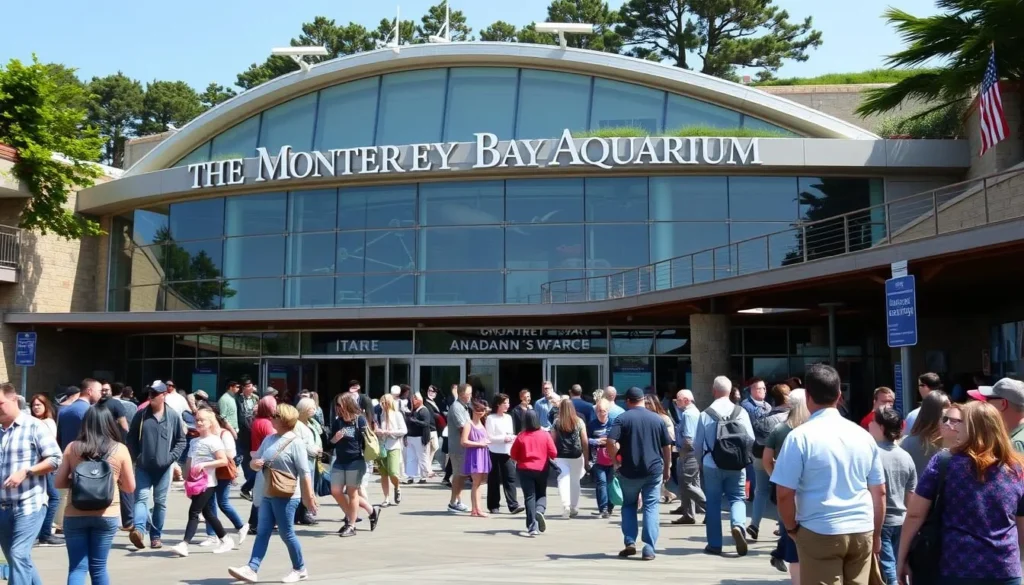 Generate an image of the Monterey Bay Aquarium's exterior with a crowd of visitors.